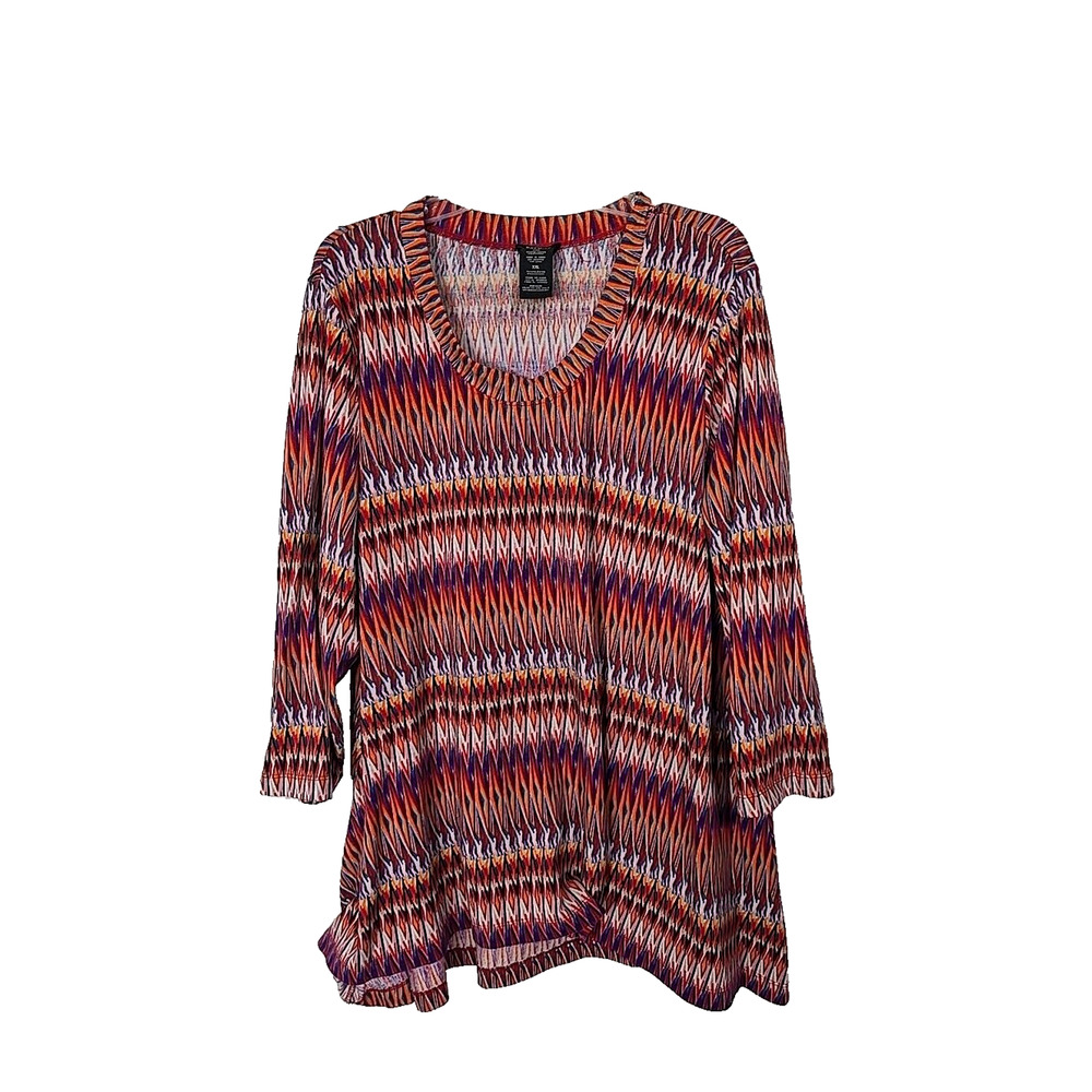 Premise Red Orange Chevron Aztec Print 3/4 Sleeve Tunic Top Womans Size 2XL